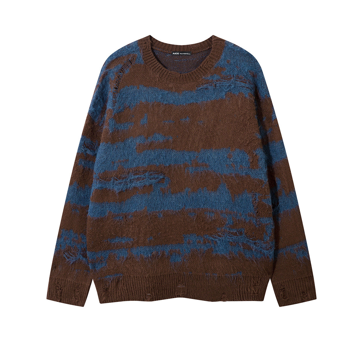 Oversized distressed jacquard stripe knit sweater in Brown/Blue and Black/Grey colorways, front and back view