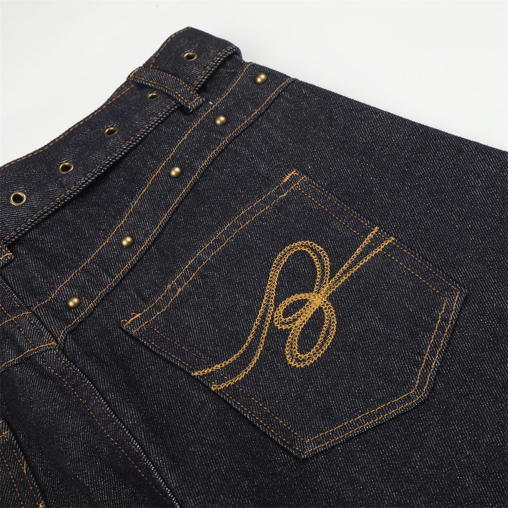 Oversized Barrel Leg Jeans with Belt, Studded Waist & Rhinestone Cuffed Hem