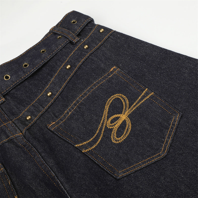 Oversized Barrel Leg Jeans with Belt, Studded Waist & Rhinestone Cuffed Hem