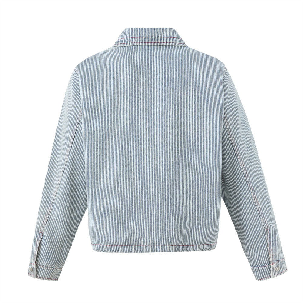 Hickory Stripe Denim Zip Jacket – Men's Workwear-Inspired Drawstring Hem Coat