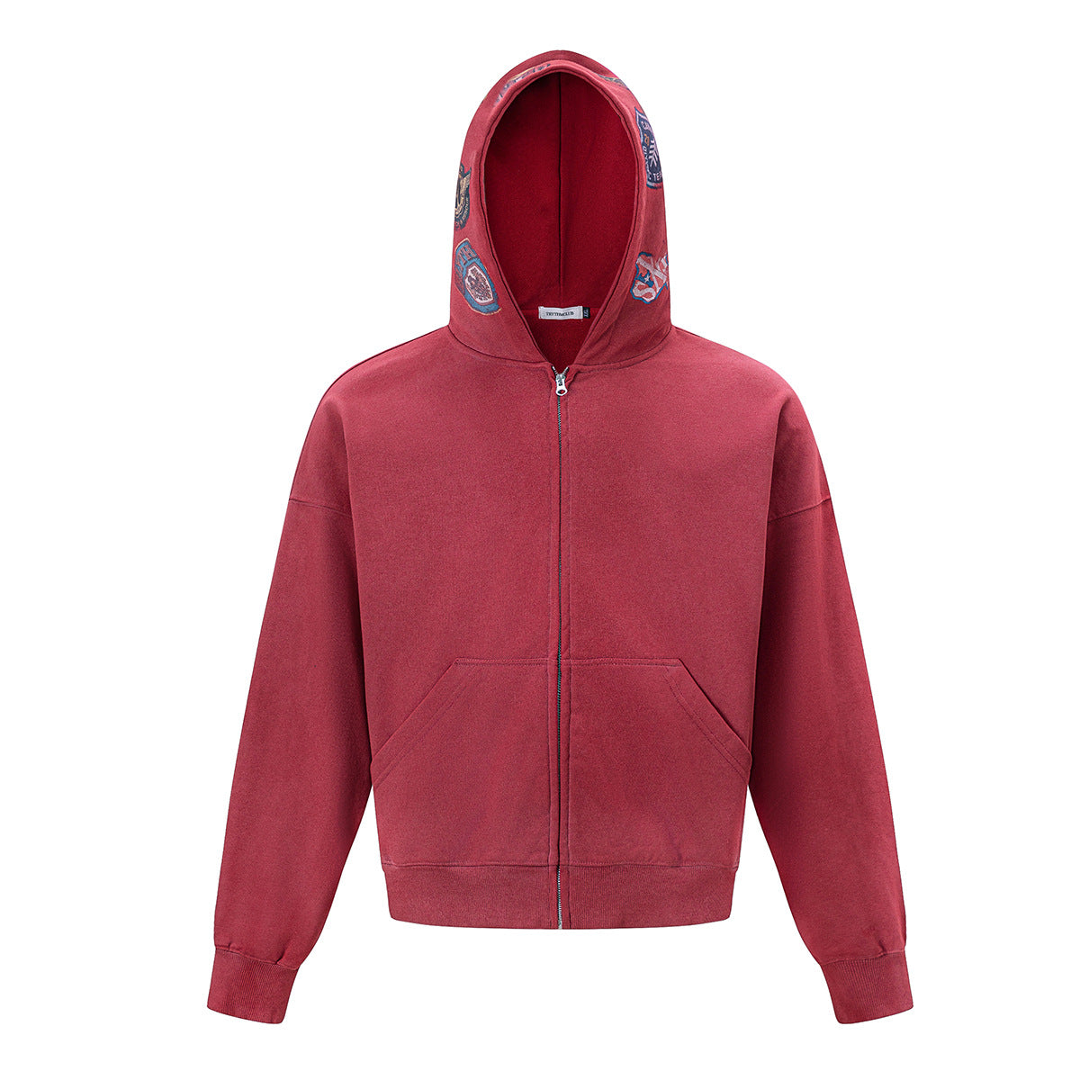 Sweat à capuche zippé carré à écussons brodés – Hoodie streetwear acid-wash