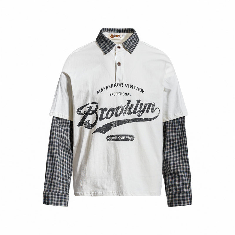 Brooklyn Vintage Layered Polo Shirt with Plaid Sleeves – Relaxed Fit