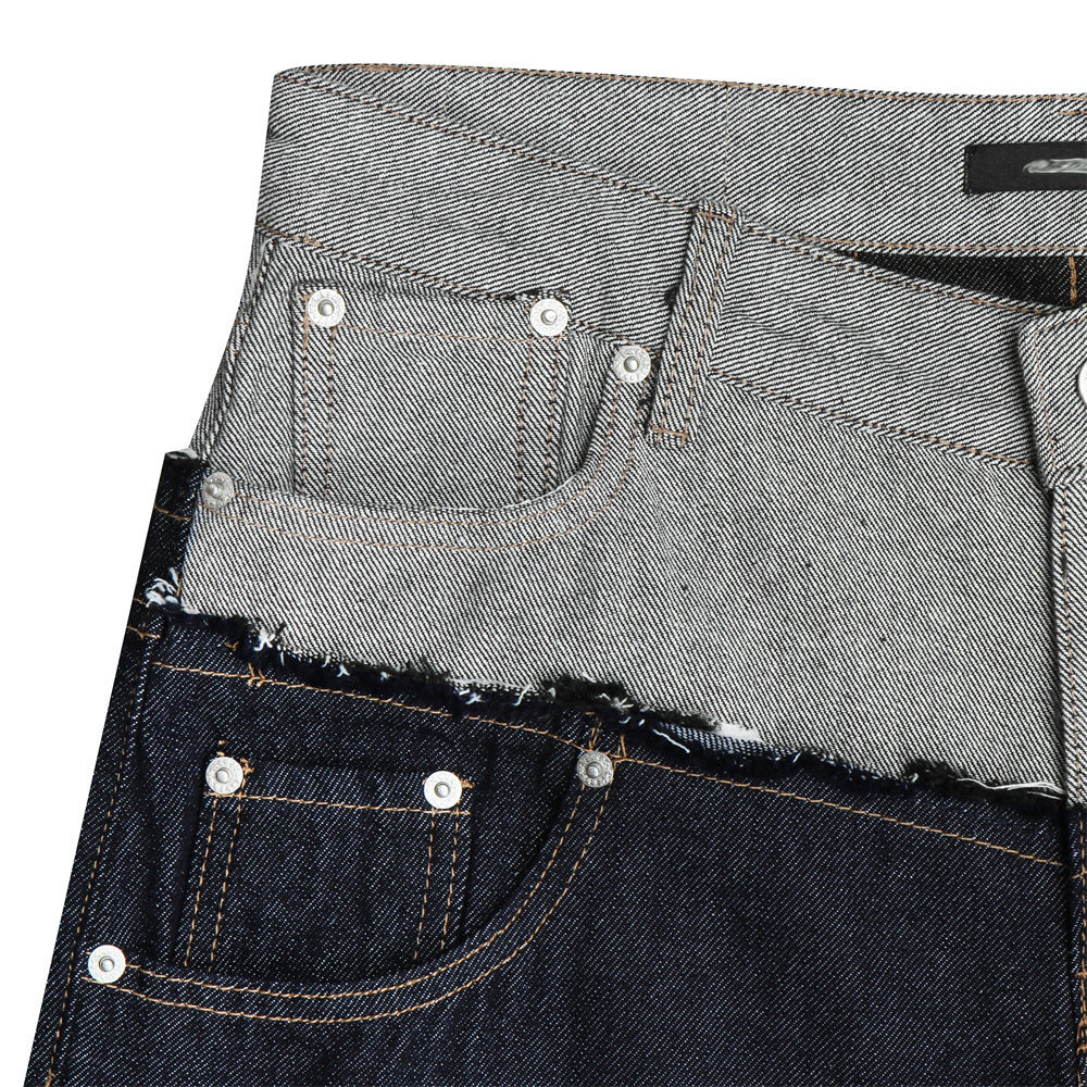 Jean homme coupe ample – Denim brut à double ceinture avec empiècements effilochés &