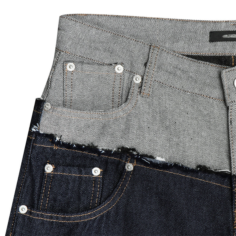 Jean homme coupe ample – Denim brut à double ceinture avec empiècements effilochés &