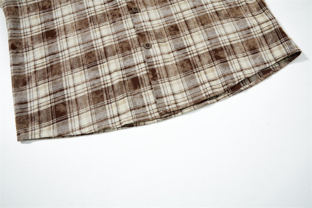 Men Long Sleeve Button Down Shirt Plaid Vintage Embroidered Flannel Overshirt