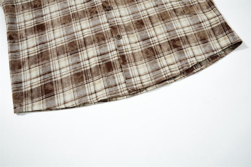 Men Long Sleeve Button Down Shirt Plaid Vintage Embroidered Flannel Overshirt