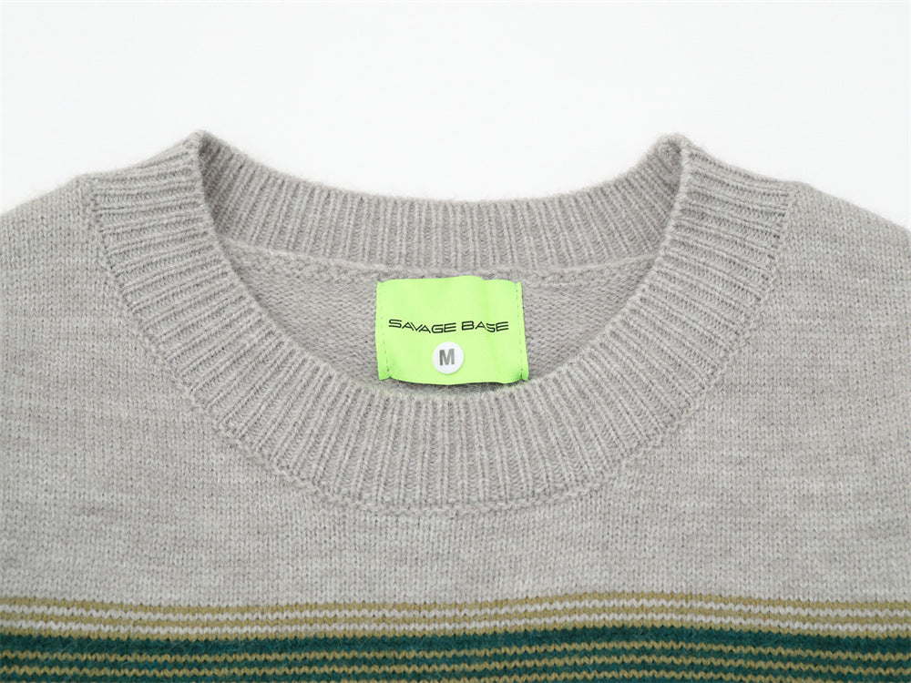 Striped Crew Neck Sweater – Relaxed Fit Color-Block Knit Pullover
