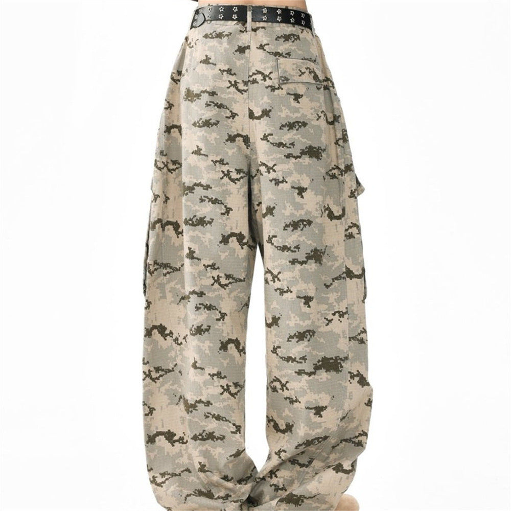 Back view of desert digital camo cargo pants with wide legs and flap pocket