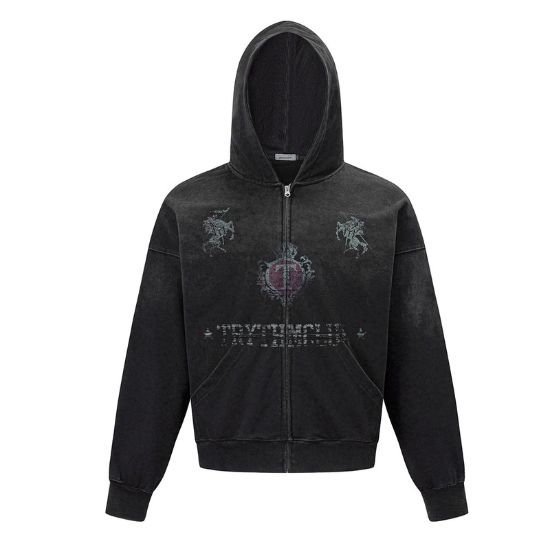 Sweat à capuche zippé avec motif chevalier vintage – Streetwear oversize délavé
