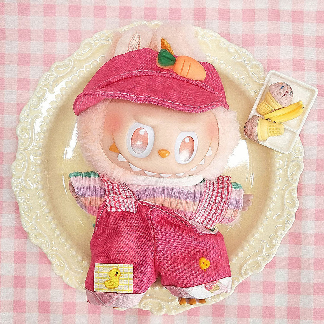 Labubu Pink Striped Tee & Hot Pink Overalls Outfit – All-Series Doll Clothes