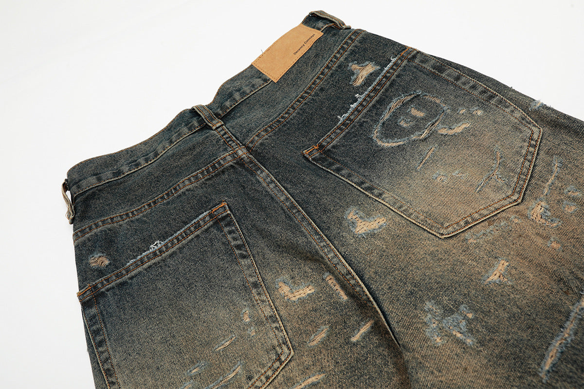 Distressed Straight-Leg-Jeans – Vintage-Washed-Ripped-Denim mit Dirty-Dye