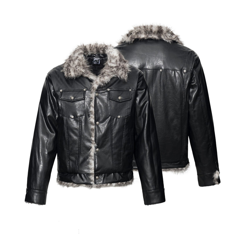 Black Faux Leather Biker Jacket with Faux Fur Collar & Lining