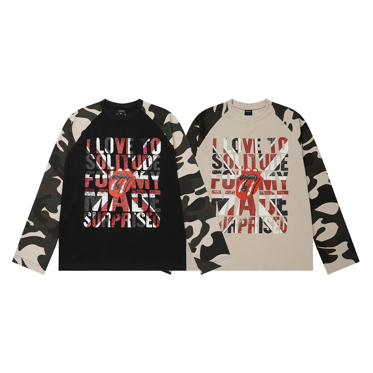 Baggy Long Sleeve Shirt – Camo Raglan Sleeves & Vintage Rock Graphic
