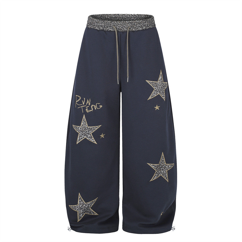 Wide Leg Star Patch Sweatpants with Leopard Print Waistband