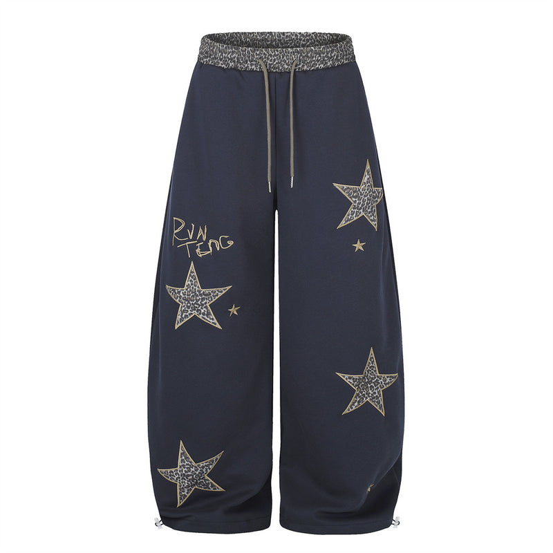 Wide Leg Star Patch Sweatpants with Leopard Print Waistband