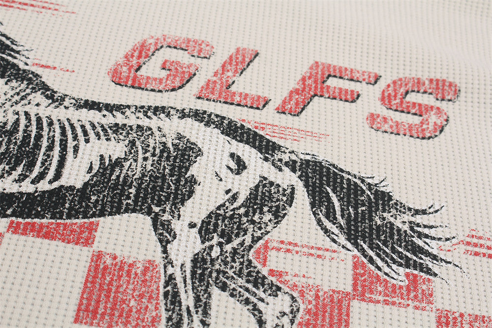 Racing Horse Graphic Long Sleeve Waffle Shirt – Colorblock Motorsport Print Top