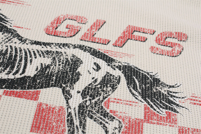 Racing Horse Graphic Long Sleeve Waffle Shirt – Colorblock Motorsport Print Top