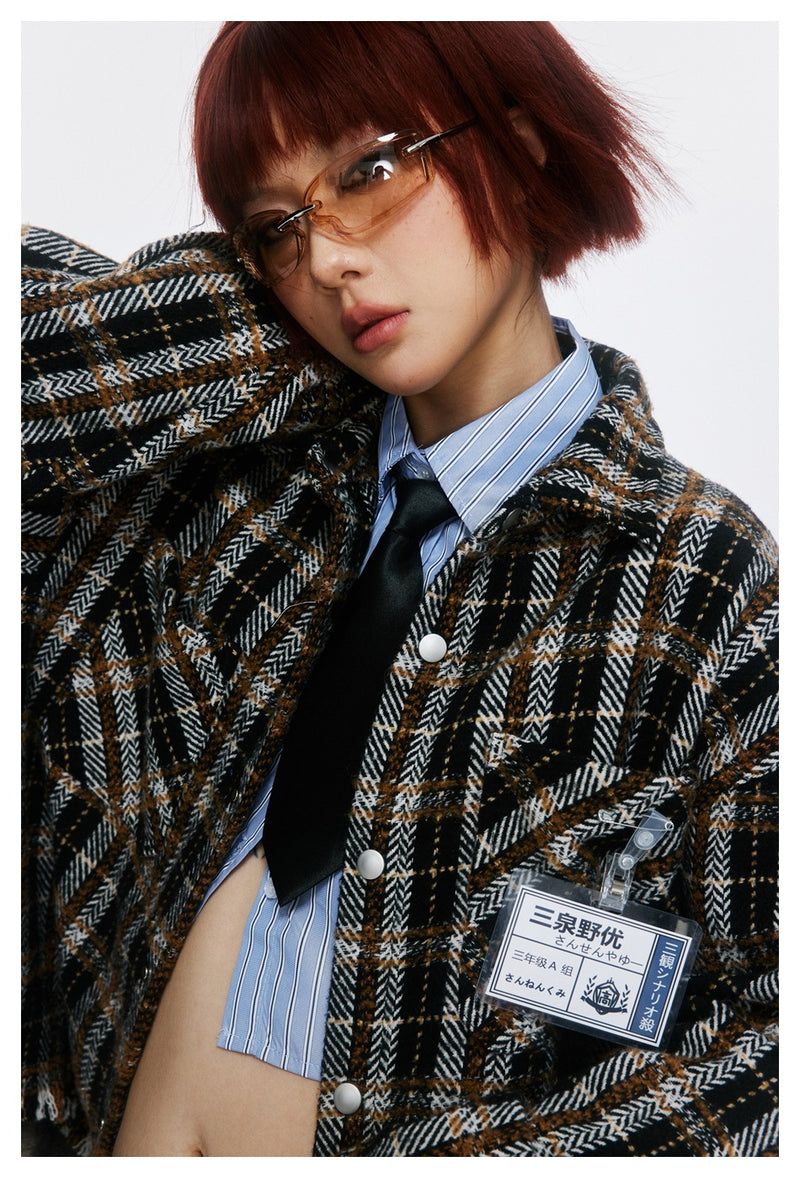 Vintage Plaid Patchwork Fringe Jacket – Oversized Unisex Overshirt