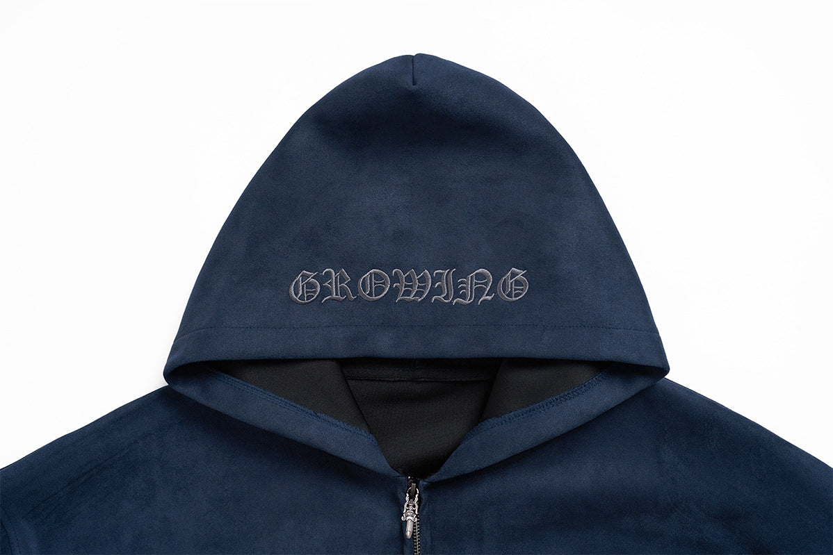 Zip-Up Hoodie Men's Suede Gothic Star Embroidery Full-Zip Jacket