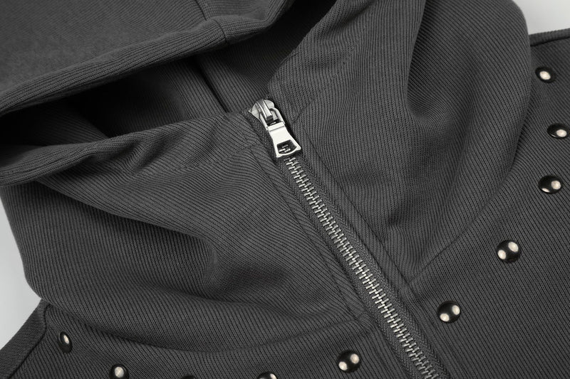 Graphic Zip-Up Hoodie – Dark Grey Studded Streetwear Cardigan with Anime Print