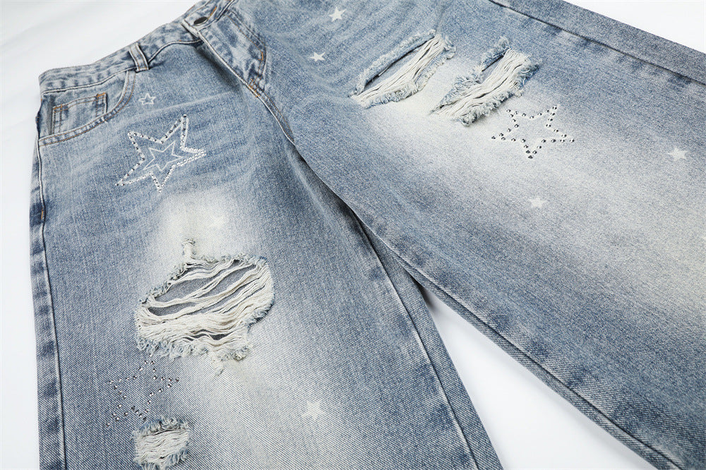 Star Embroidered Distressed Wide-Leg Jeans – Washed Baggy Denim with Ripped Knee