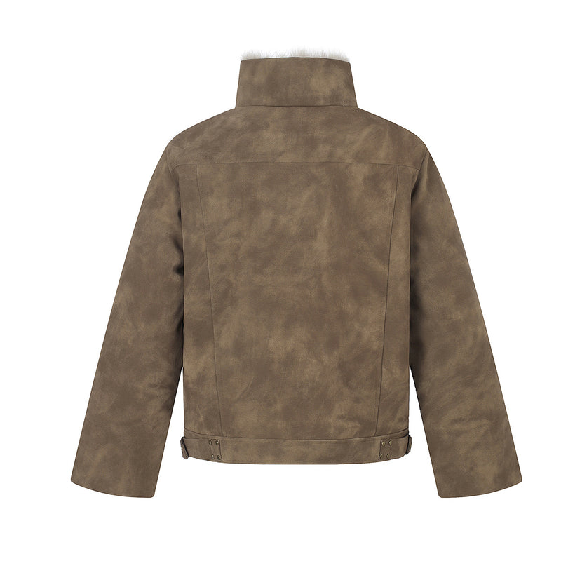 Faux Suede Shearling-Lined Moto Jacket with Buckle Straps