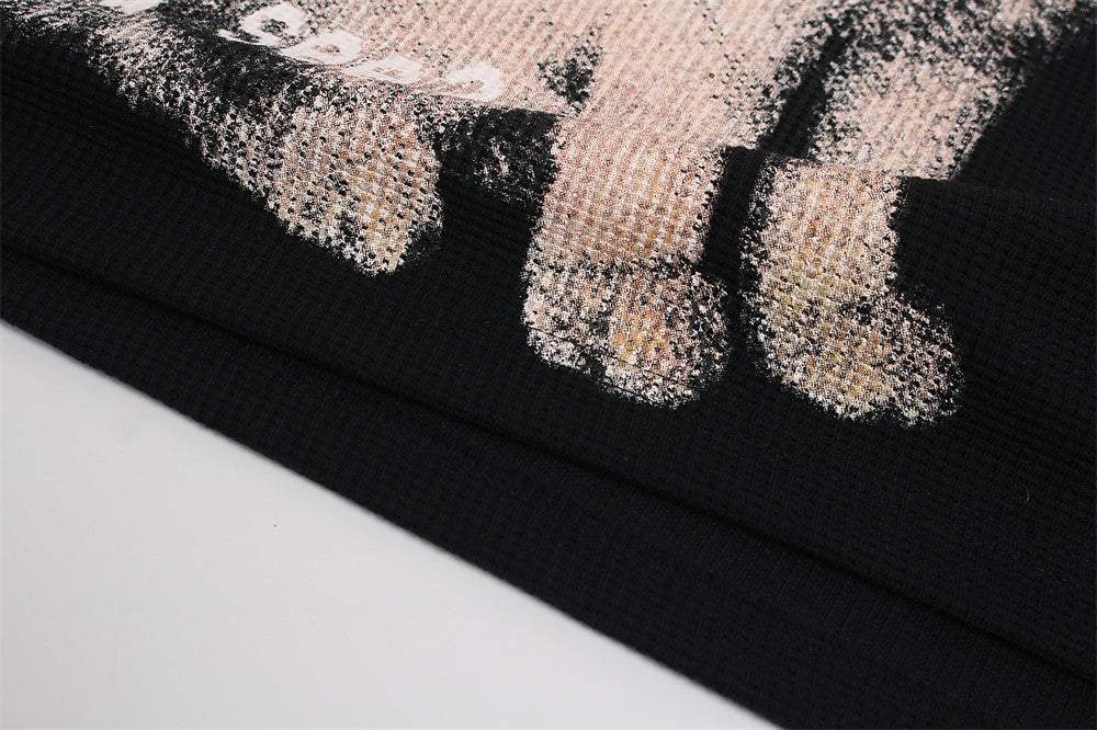 Black Long Sleeve Shirt Women — Oversized Cat Graphic Waffle-Knit Crew Neck Top