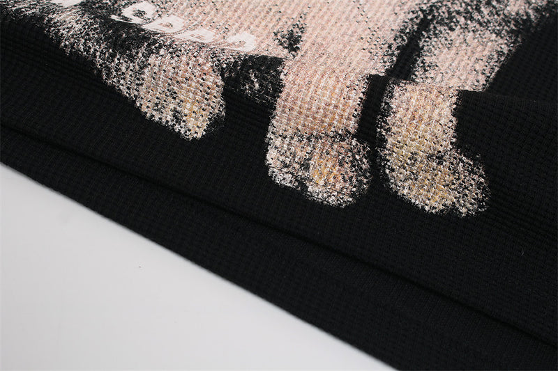 Black Long Sleeve Shirt Women — Oversized Cat Graphic Waffle-Knit Crew Neck Top