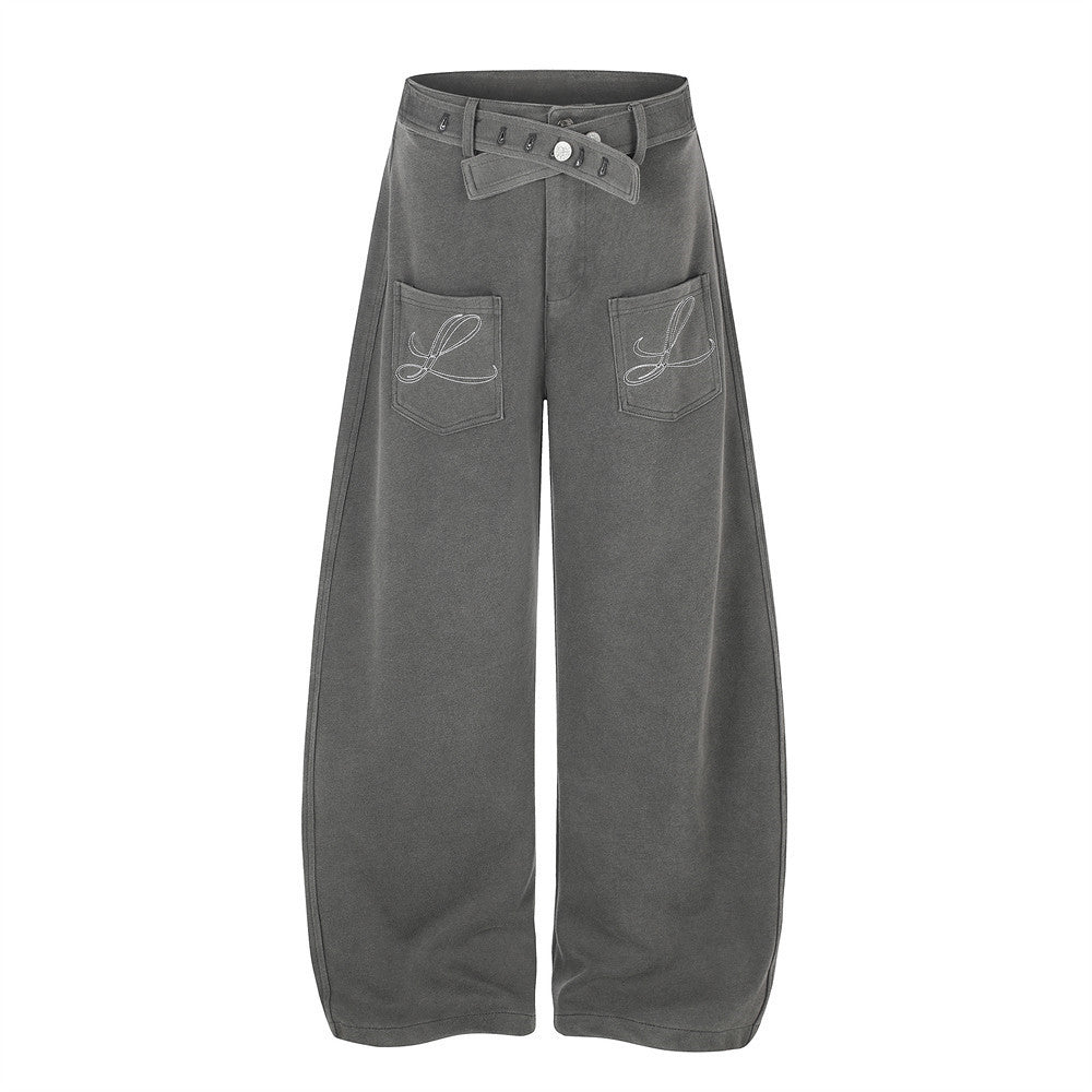 Wide-Leg Barrel Pants – Oversized Fit with Embroidered Pockets & Crossover