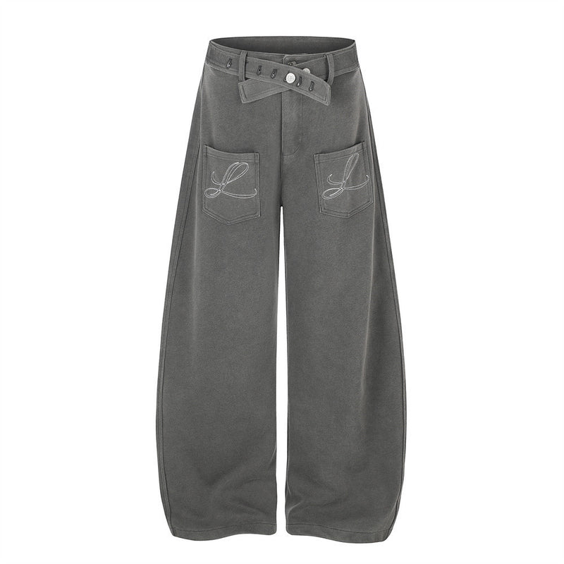 Wide-Leg Barrel Pants – Oversized Fit with Embroidered Pockets & Crossover