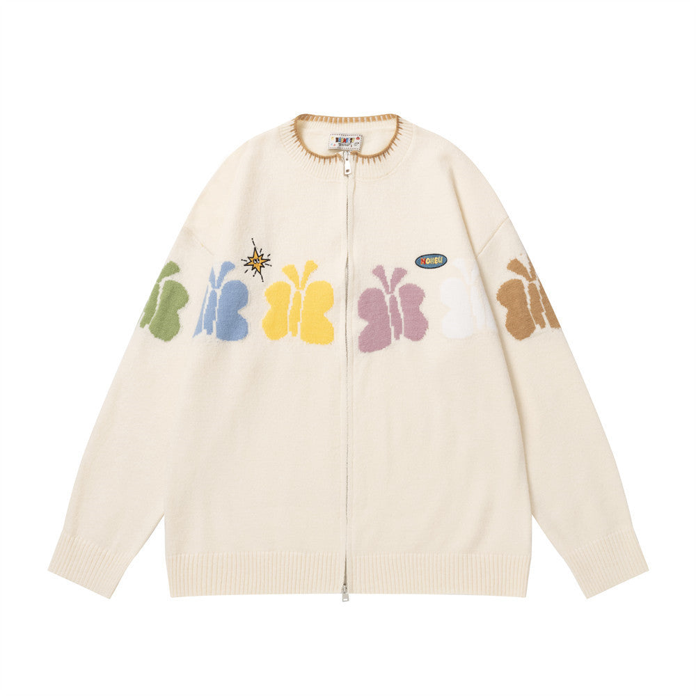 Jacquard-Strick-Cardigan mit Schmetterlingen und Reißverschluss – Colourblock-Streetwear-Pullover