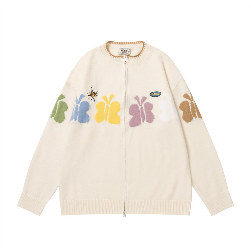 Jacquard-Strick-Cardigan mit Schmetterlingen und Reißverschluss – Colourblock-Streetwear-Pullover