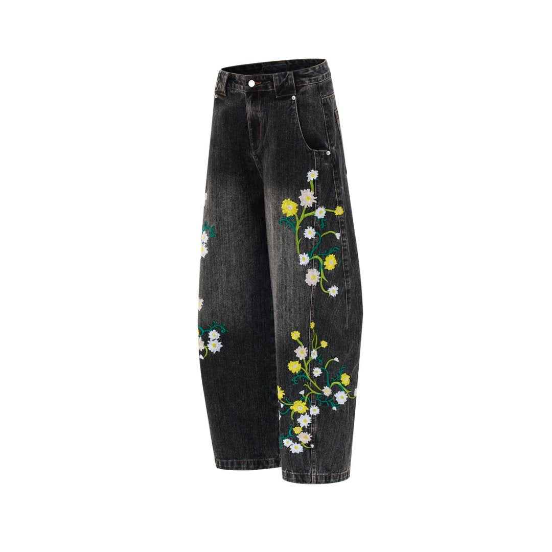 Floral Embroidered Wide-Leg Jeans – Men's Barrel Fit Washed Denim
