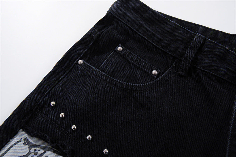 Wide-Leg Patchwork Jeans – Graffiti Print Panels & Studded Detail