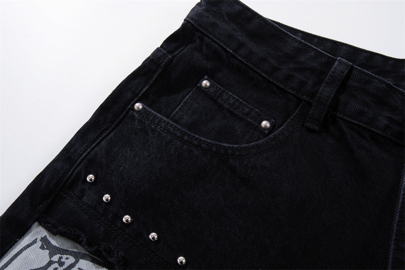 Wide-Leg Patchwork Jeans – Graffiti Print Panels & Studded Detail