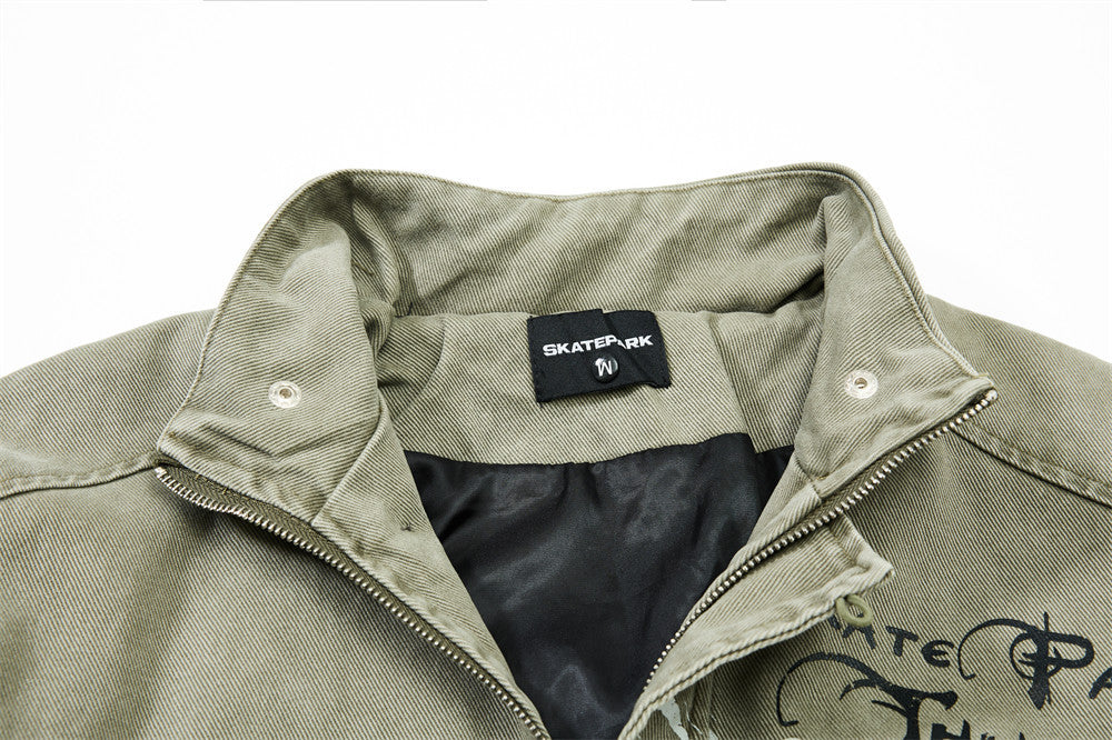 Men's Canvas Work Jacket – Vintage Punk Distressed Stand Collar with Scythe