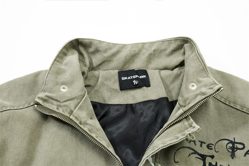 Men's Canvas Work Jacket – Vintage Punk Distressed Stand Collar with Scythe