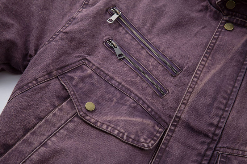Washed Denim Bomber Jacket with Faux Fur Collar & Fleece Lining – Vintage