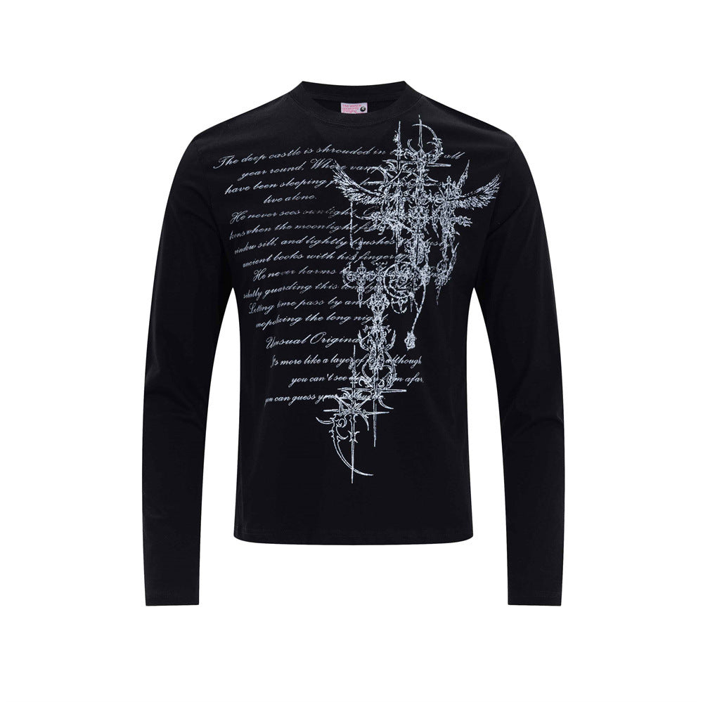 Men's slim fit long sleeve t-shirt with gothic cross and cursive script graphic print in black