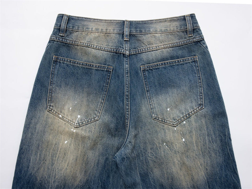 Baggy Jeans with Designs – Men's Vintage Distressed Wide-Leg Denim Pants