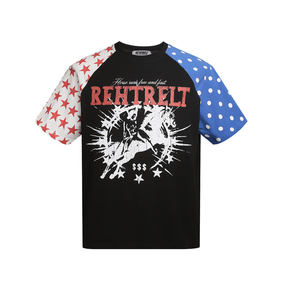 Horse Rider Graphic Colorblock Raglan T-Shirt – Stars & Dots Patchwork Sleeves