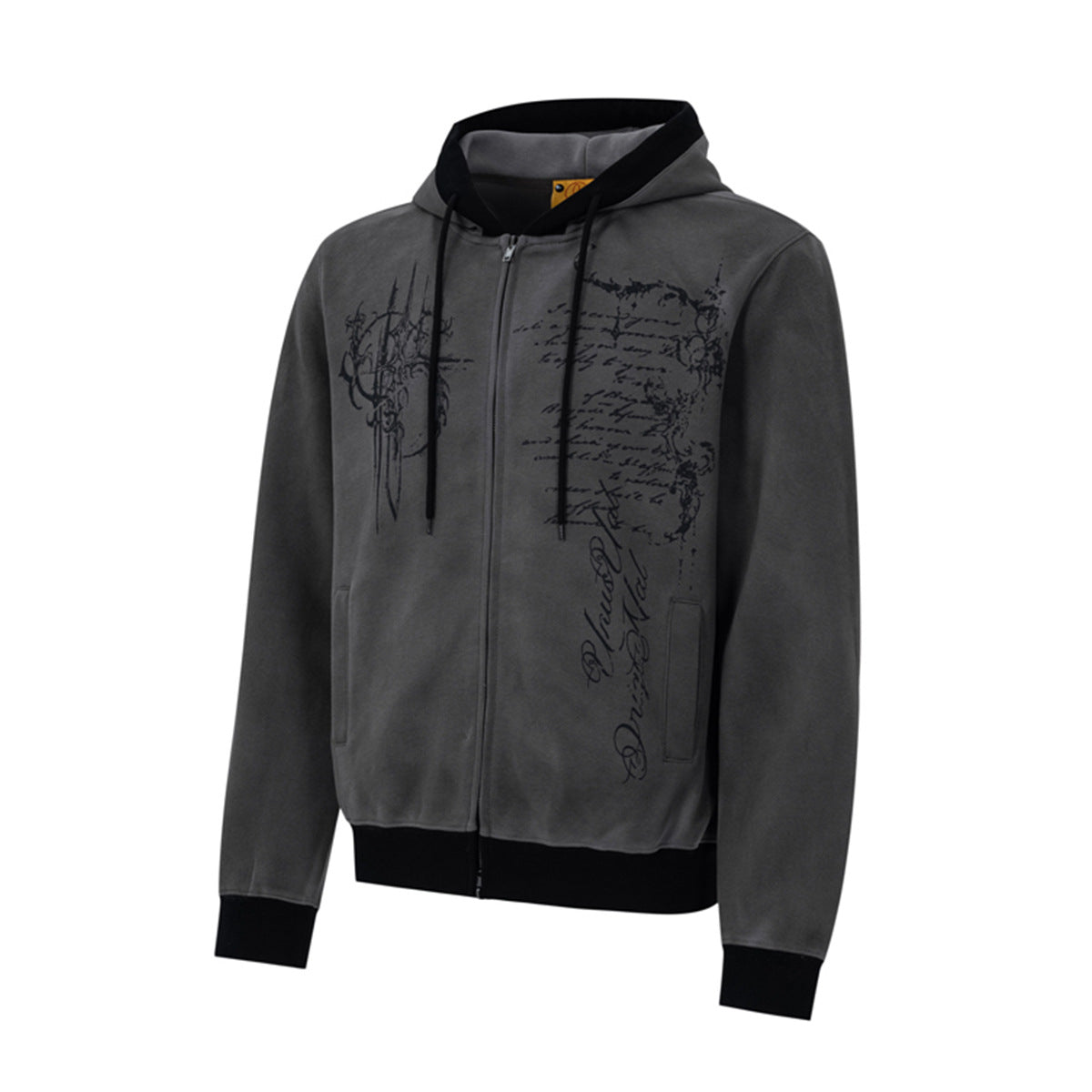 Hoodie mit Gothic-Schriftzug und Reißverschluss – Gewaschener Vintage-Dark-Style