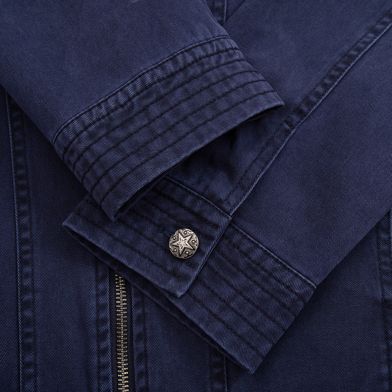 Men's Vintage Washed Stand-Collar Zip Jacket with Deconstructed Panel Seaming