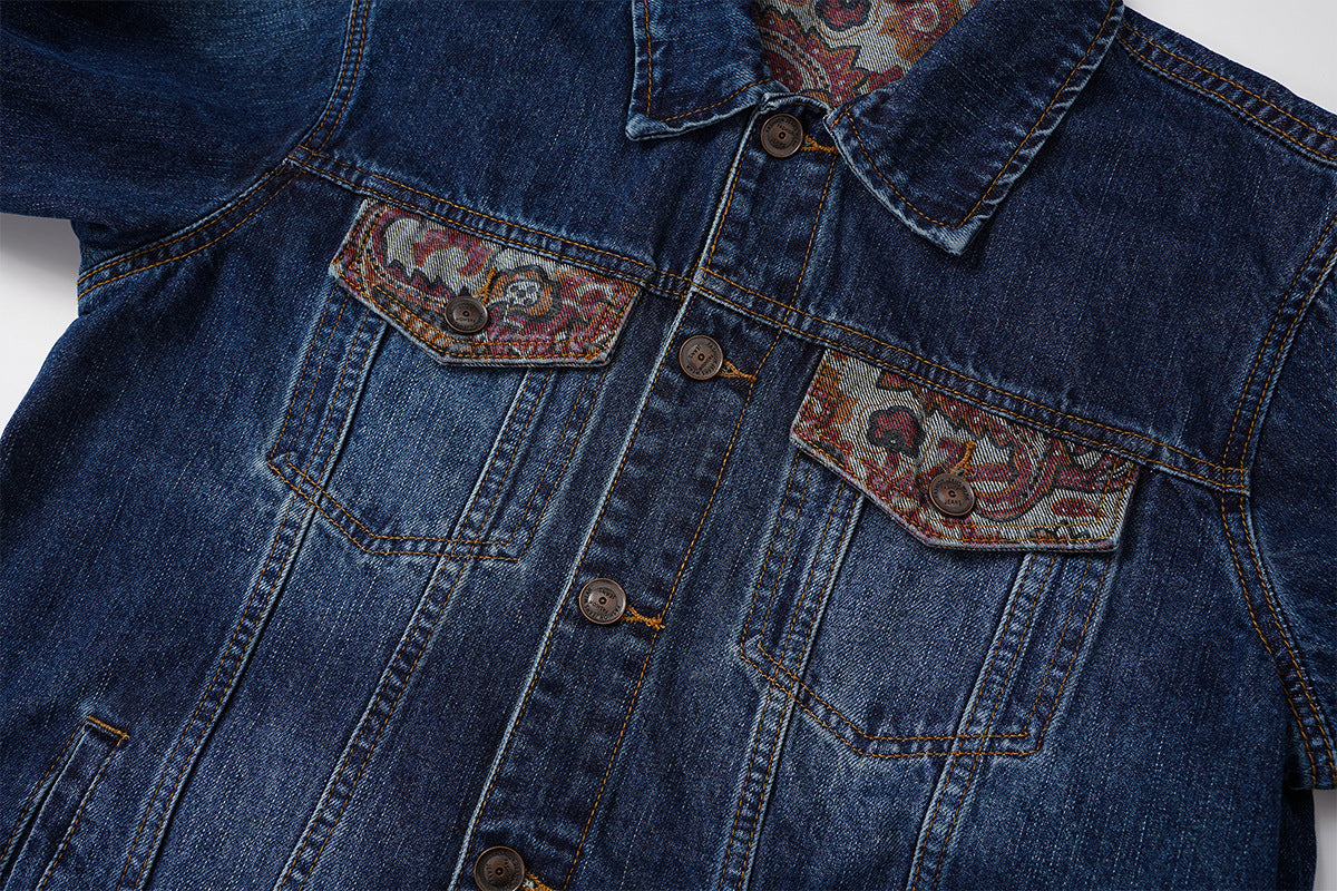 Veste en jean homme coupe boxy avec poches poitrine à motif cachemire – Délavage vintage