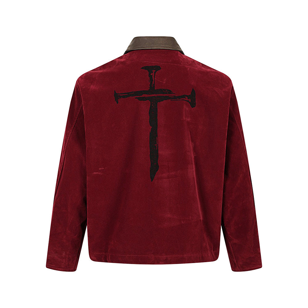 Velvet Zip-Up Jacket – Vintage Cross & Figure Print, Contrast Collar