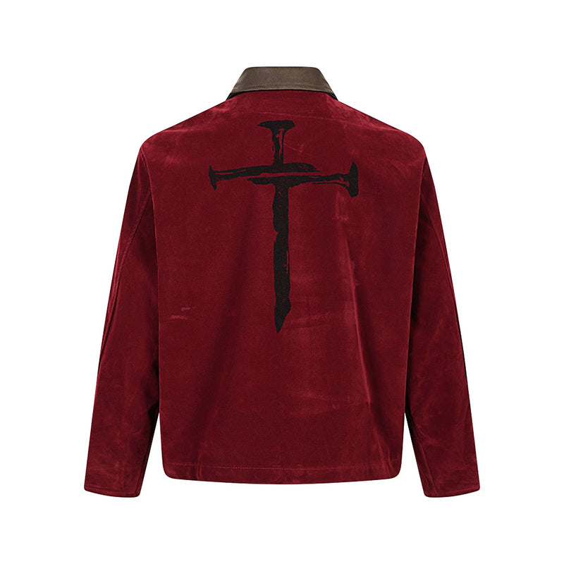 Velvet Zip-Up Jacket – Vintage Cross & Figure Print, Contrast Collar
