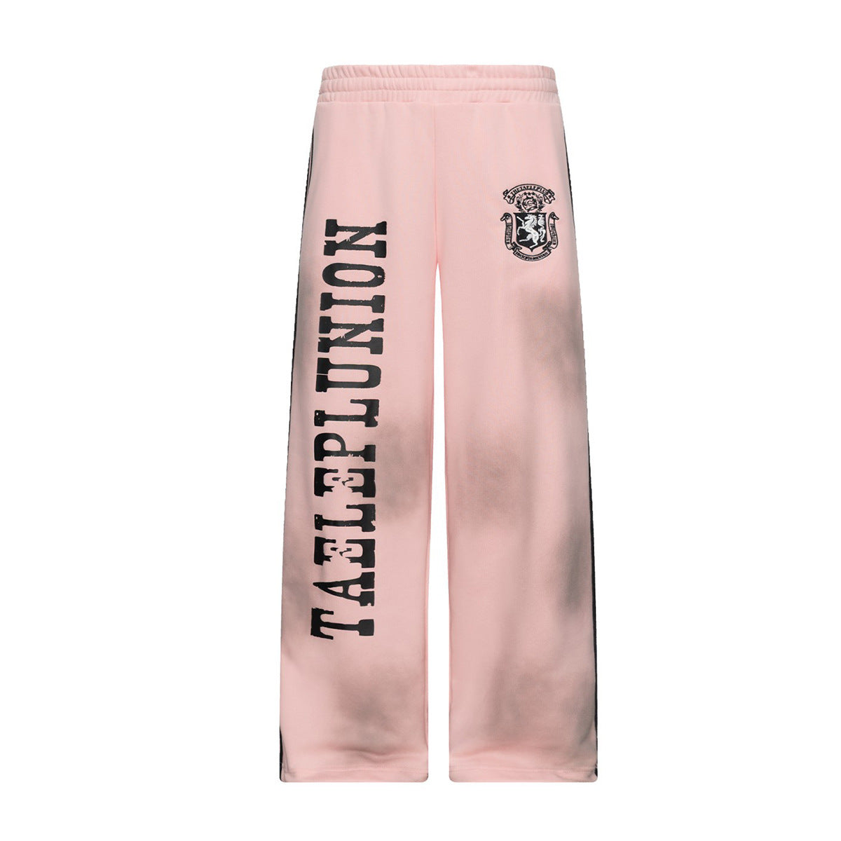 Pantalon de survêtement rose poudré à jambes larges, avec délavage spray effet usé, motif vertical TAELEPLUNION, bande latérale tissée et broderie