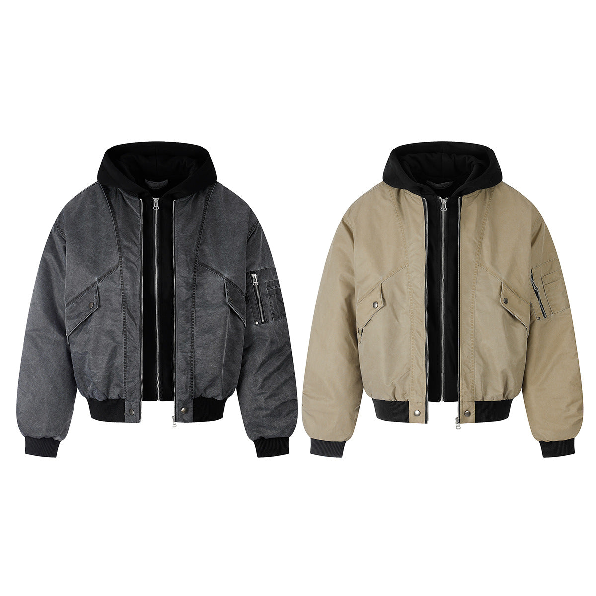 Oversized Padded Bomber Jacket – Faux Two-Piece Hooded Cotton Outerwear
