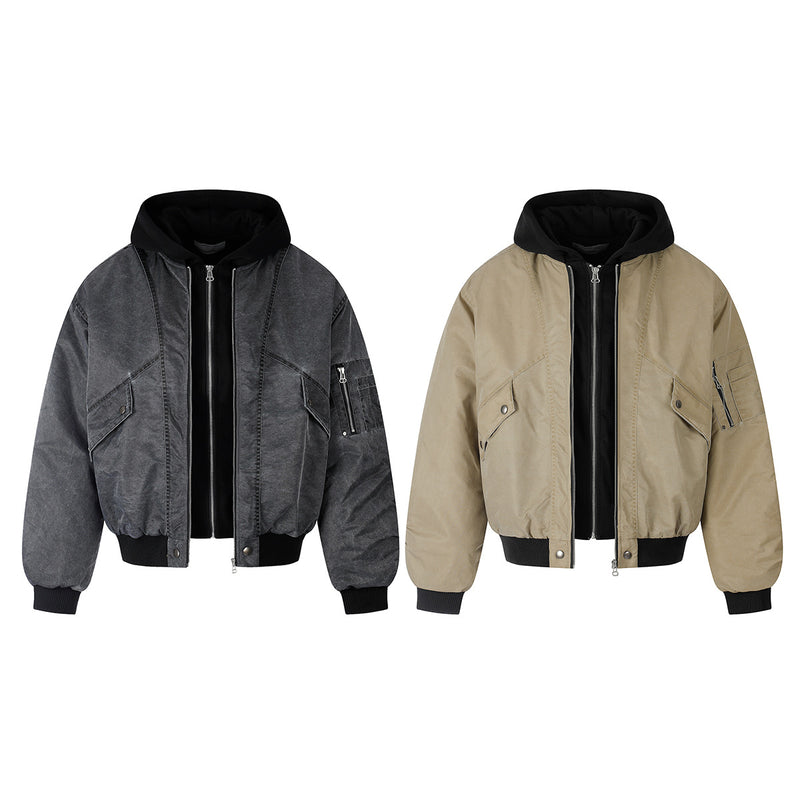 Oversized Padded Bomber Jacket – Faux Two-Piece Hooded Cotton Outerwear
