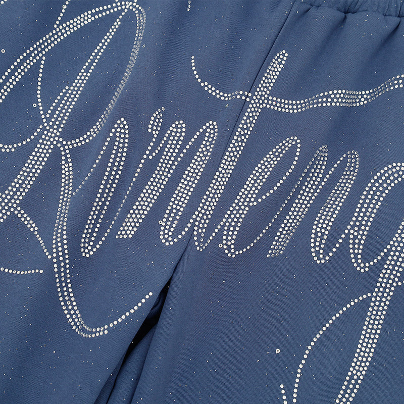 Men's Wide-Leg Sweatpants with Rhinestone Script & Glitter Fabric